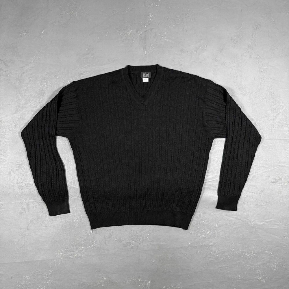 Vintage 1990s Belford Men Black 100% Silk Cable Knit Sweater Men's Large